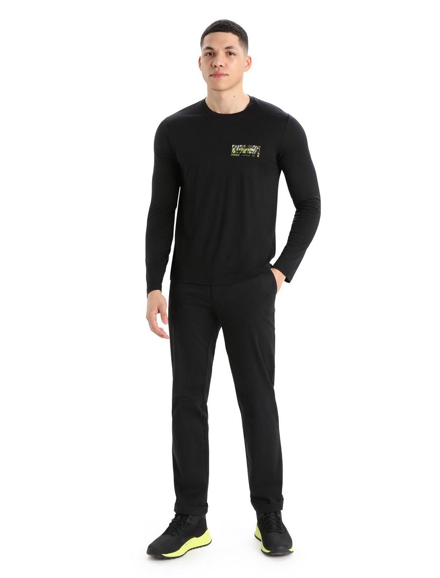 Black Men's Icebreaker Merino Tech Lite II T-Shirt Summit Tread Long Sleeve | USA 1237QMAZ